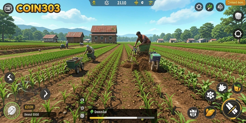 Tangkapan layar gameplay COIN303 menampilkan petani yang bahagia di ladang.