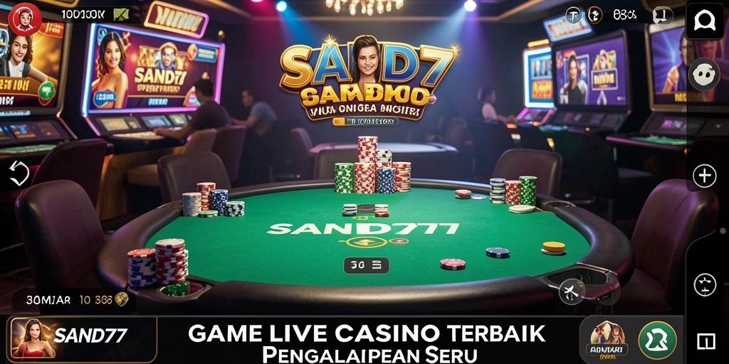 Screenshot gameplay SAND77 menampilkan dealer profesional dan suasana kasino yang realistik.